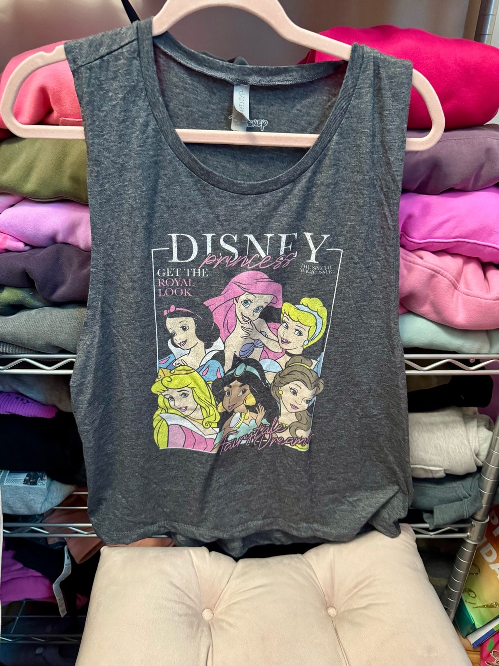 Disney Princess Graphic Tank Top - Charcoal Gray with Pastel Print XL